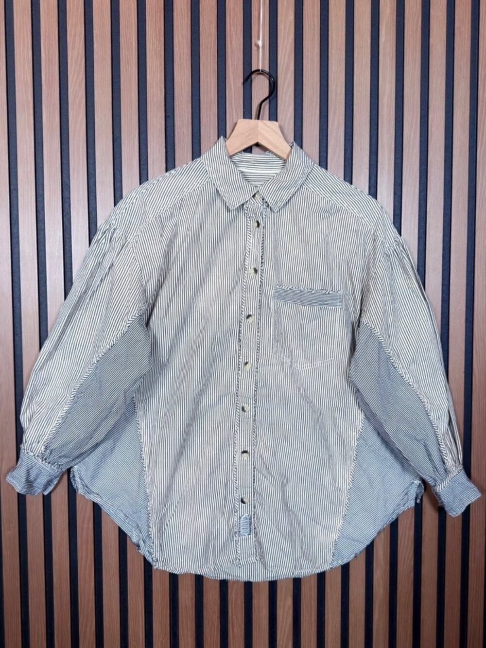Free People Top XS Womens White Gray Tunic Long Sleeve Striped Pocket
